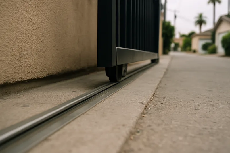 Illustrates the specific planning challenge of sliding gate track installation in tight LA driveways, grounding the sect