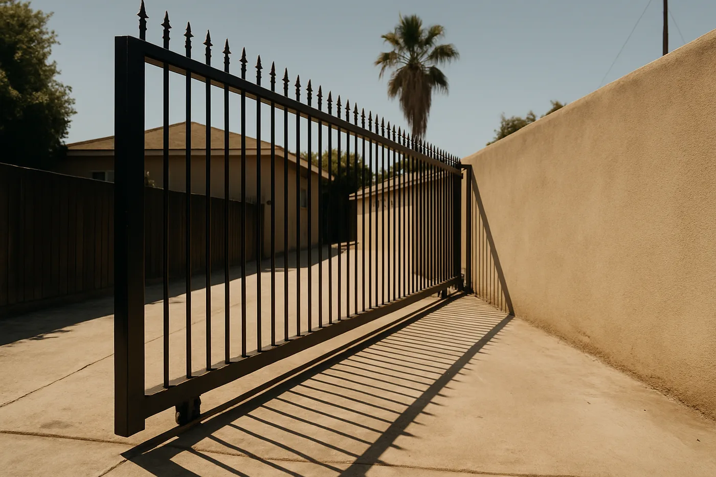 Establishes the core product in its authentic LA setting - narrow lot, stucco wall, palm-lined street - showing exac