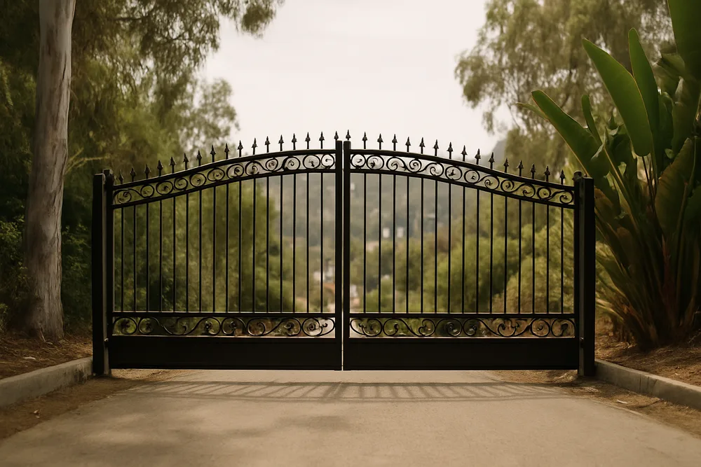 Wide landscape framing captures both the dual-panel gate configuration and the sloped driveway grade that the page copy 